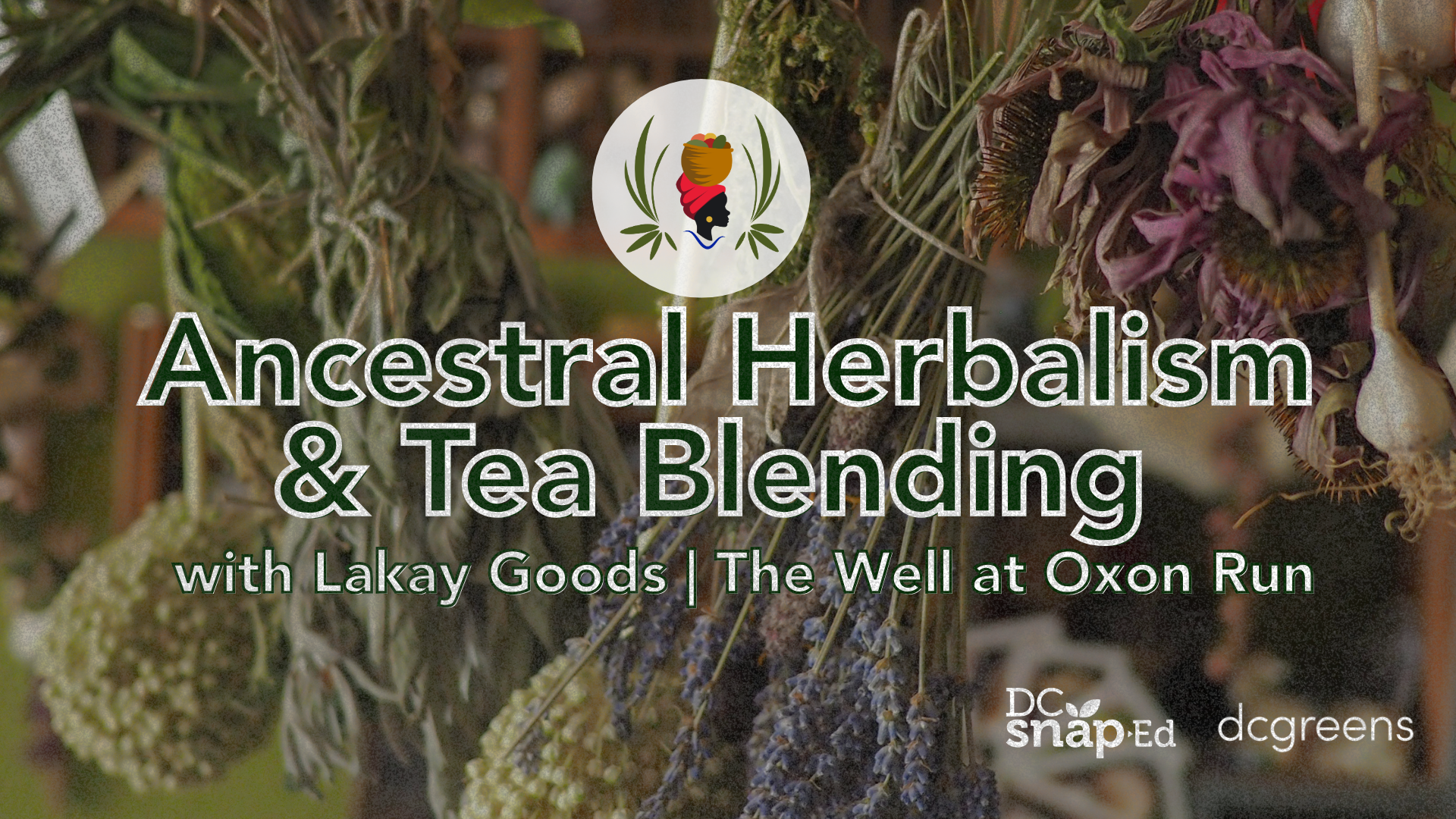 Title of workshop overlayed onto flowers and herbs hanging to dry